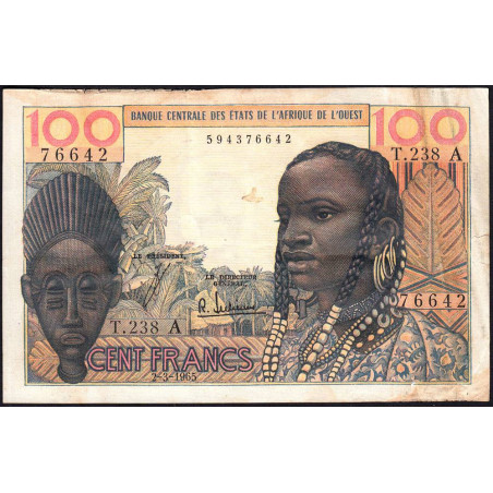 Côte d'Ivoire - Pick 101Ae - 100 francs - Série T.238 - 02/03/1965 - Etat : TB