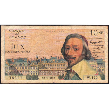 F 57-14 - 02/02/1961 - 10 nouv. francs - Richelieu - Série W.172 - Remplacement - Etat : B+