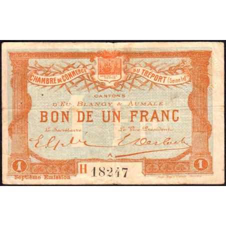 Le Tréport - Pirot 71-29 variété - 1 franc - Lettre A - Série H - 7e émission - 1916 - Etat : TB