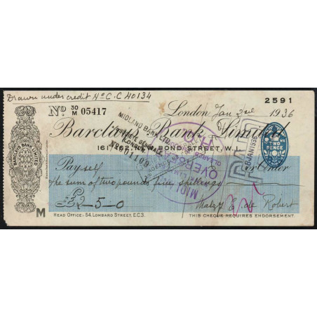 Grande-Bretagne - Chèque - Barclays - 1936 - Etat : TTB