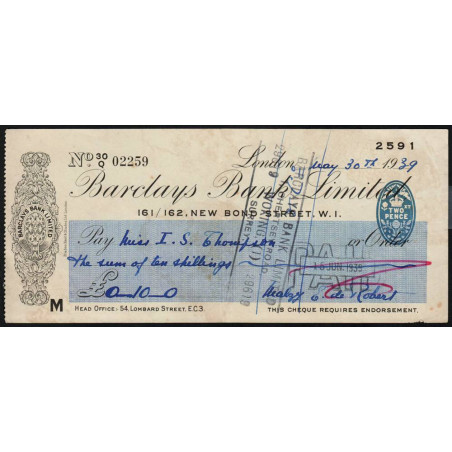 Grande-Bretagne - Chèque - Barclays - 1939 - Etat : TTB