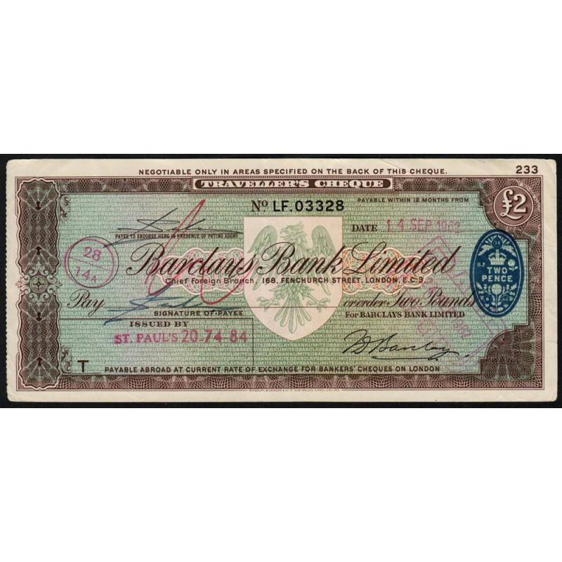Grande-Bretagne - Chèque Voyage - Barclays - 2 pounds - 1962 - Etat : TTB