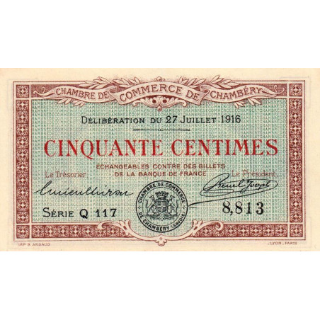 Chambéry - Pirot 44-7 - 50 centimes - Série Q 117 - 27/07/1916 - Etat : SUP