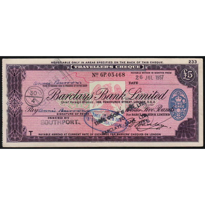 Grande-Bretagne - Afrique du Sud - Chèque Voyage - Barclays - 5 pounds - 1957 - Etat : SUP