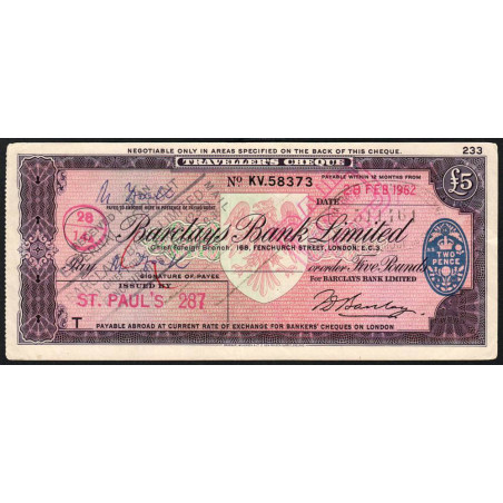 Grande-Bretagne - Chèque Voyage - Barclays - 5 pounds - 1962 - Etat : TTB
