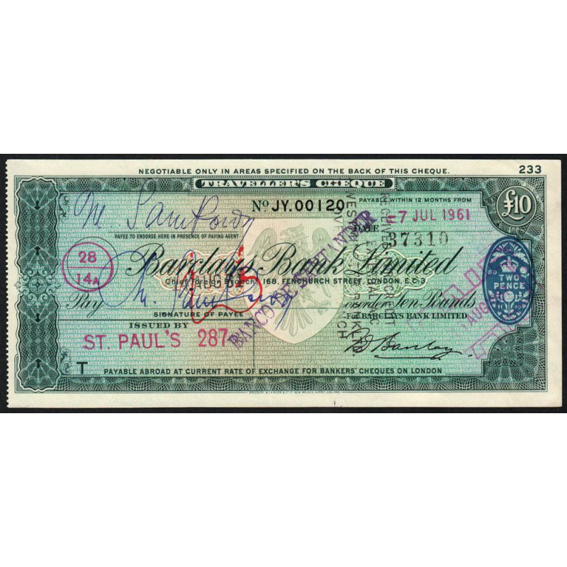 Grande-Bretagne - Chèque Voyage - Barclays - 10 pounds - 1961 - Etat : SUP