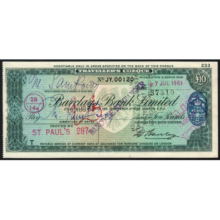 Grande-Bretagne - Chèque Voyage - Barclays - 10 pounds - 1961 - Etat : SUP