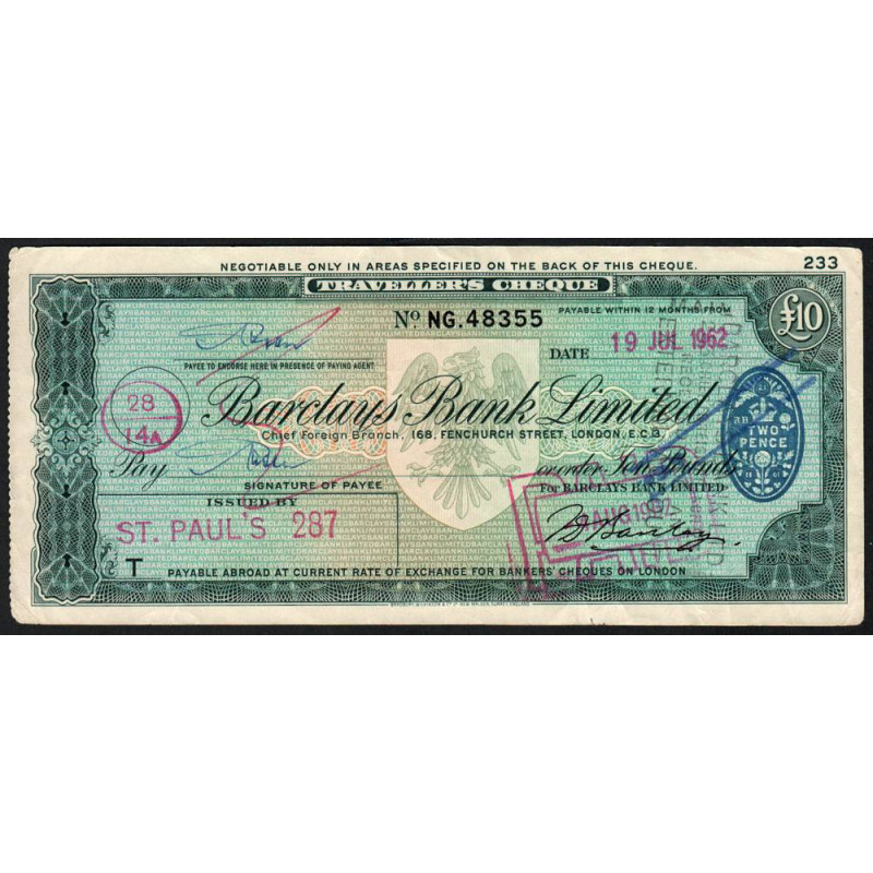 Grande-Bretagne - Chèque Voyage - Barclays - 10 pounds - 1962 - Etat : TTB