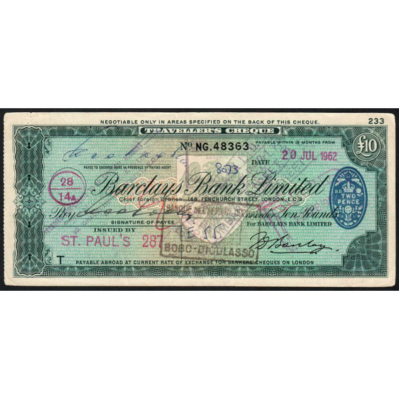 Grande-Bretagne - Burkina Faso - Chèque Voyage - Barclays - 10 pounds - 1962 - Etat : TTB