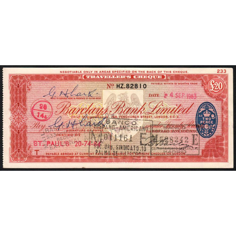 Grande-Bretagne - Chèque Voyage - Barclays - 20 pounds - 1963 - Etat : SUP