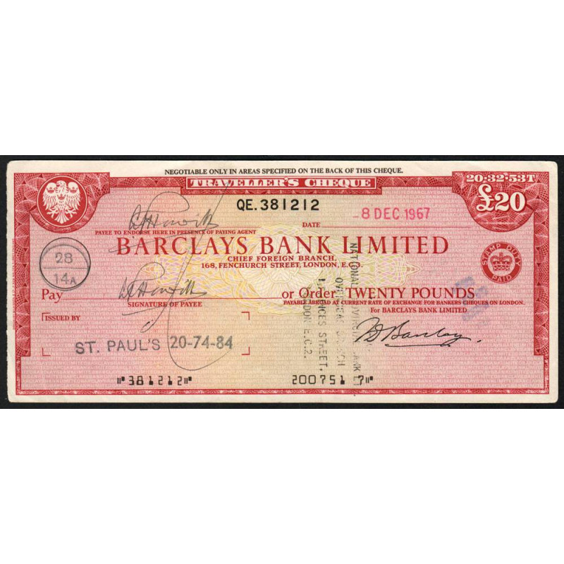 Grande-Bretagne - Chèque Voyage - Barclays - 20 pounds - 1967 - Etat : TTB+