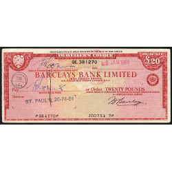 Grande-Bretagne - Chèque Voyage - Barclays - 20 pounds - 1967 - Etat : TTB