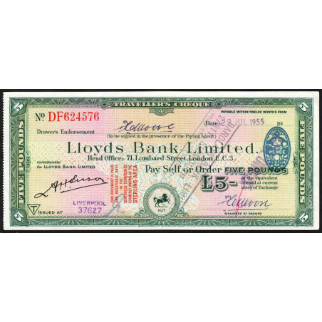 Grande-Bretagne - Chèque Voyage - Lloyds - 5 pounds - 1955 - Etat : SPL