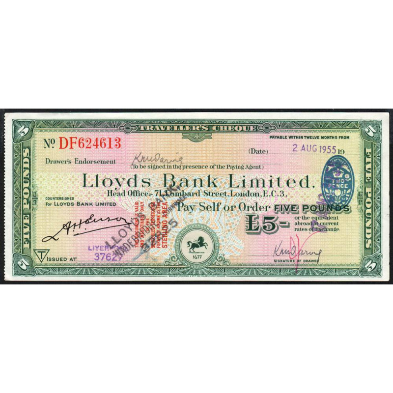Grande-Bretagne - Chèque Voyage - Lloyds - 5 pounds - 1955 - Etat : SPL