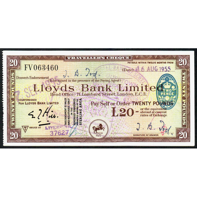 Grande-Bretagne - Chèque Voyage - Lloyds - 20 pounds - 1955 - Etat : SUP