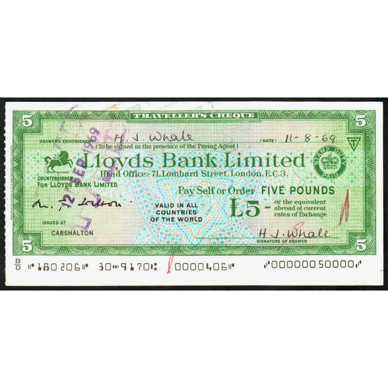 Grande-Bretagne - Italie - Chèque Voyage - Lloyds - 5 pounds - 1969 - Etat : SPL