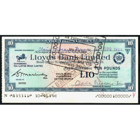 Grande-Bretagne - Italie - Chèque Voyage - Lloyds - 10 pounds - 1964 - Etat : SUP