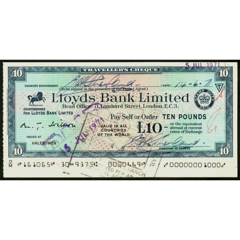 Grande-Bretagne - Italie - Chèque Voyage - Lloyds - 10 pounds - 1971 - Etat : SPL