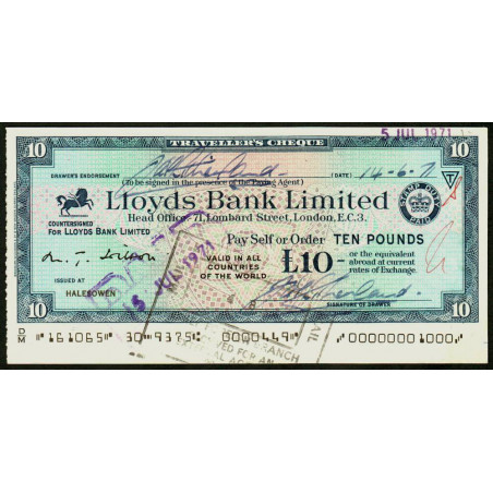 Grande-Bretagne - Italie - Chèque Voyage - Lloyds - 10 pounds - 1971 - Etat : SPL