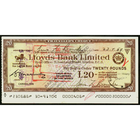 Grande-Bretagne - Chypre - Chèque Voyage - Lloyds - 20 pounds - 1969 - Etat : SUP