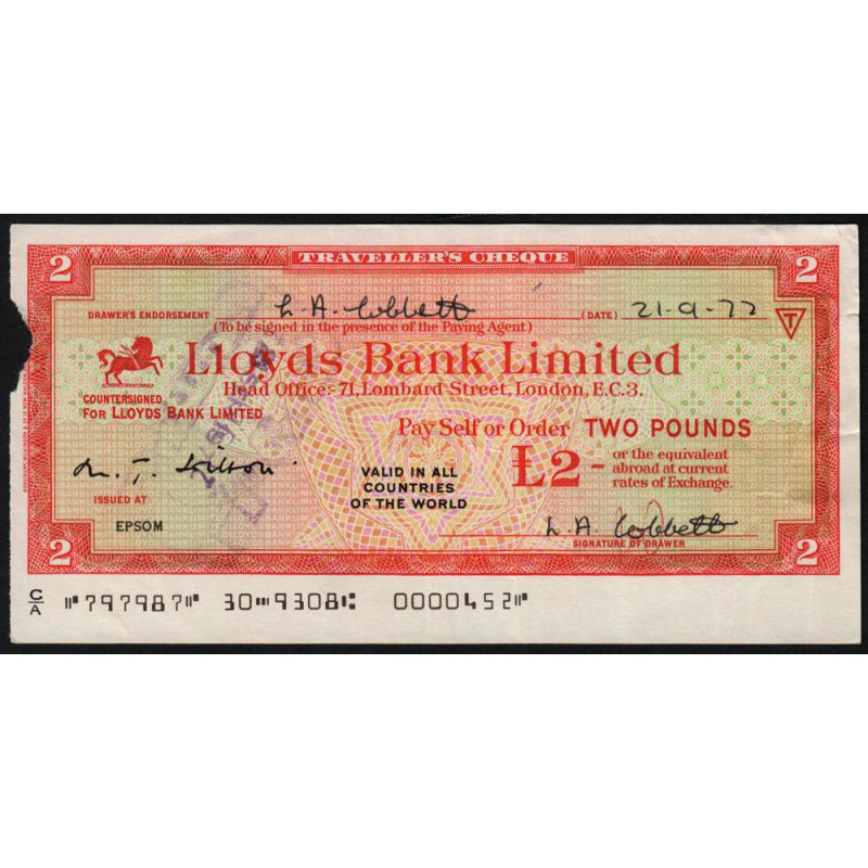 Grande-Bretagne - Chèque Voyage - Lloyds - 2 pounds - 1972 - Etat : TB-