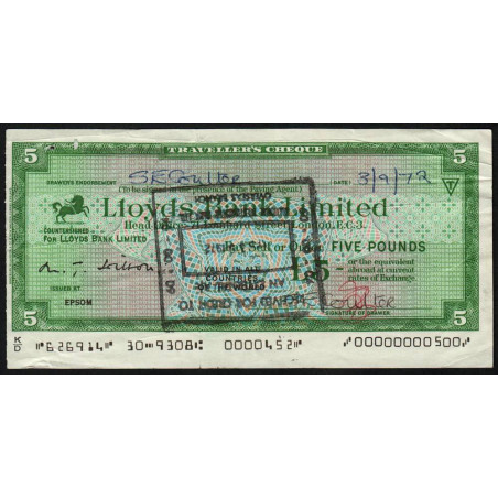 Grande-Bretagne - Chèque Voyage - Lloyds - 5 pounds - 1972 - Etat : TB