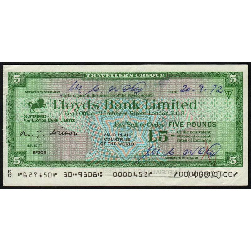 Grande-Bretagne - Chèque Voyage - Lloyds - 5 pounds - 1972 - Etat : TB+