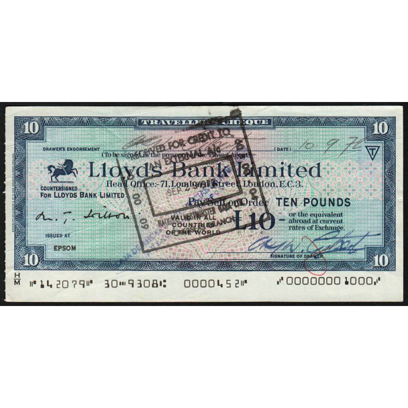 Grande-Bretagne - Chèque Voyage - Lloyds - 10 pounds - 1972 - Etat : TB+