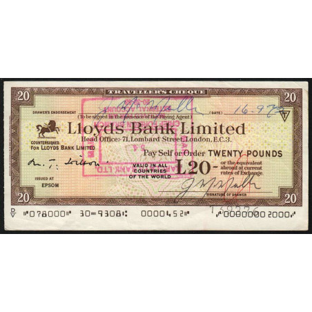 Grande-Bretagne - Chèque Voyage - Lloyds - 20 pounds - 1972 - Etat : TTB