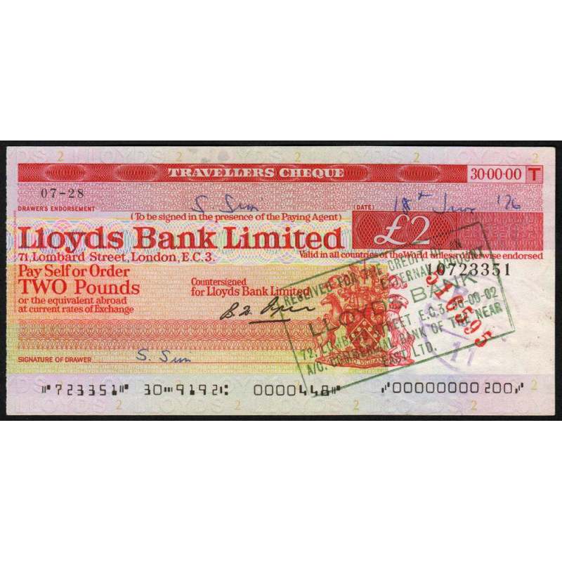 Grande-Bretagne - Chèque Voyage - Lloyds - 2 pounds - 1976 - Etat : SUP+