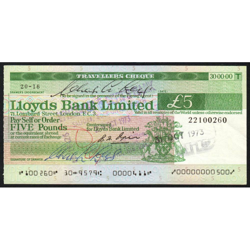 Grande-Bretagne - Chèque Voyage - Lloyds - 5 pounds - 1973 - Etat : SUP