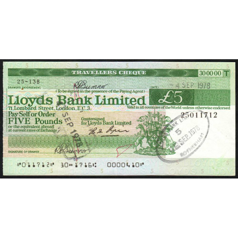 Grande-Bretagne - Chèque Voyage - Lloyds - 5 pounds - 1978 - Etat : SUP