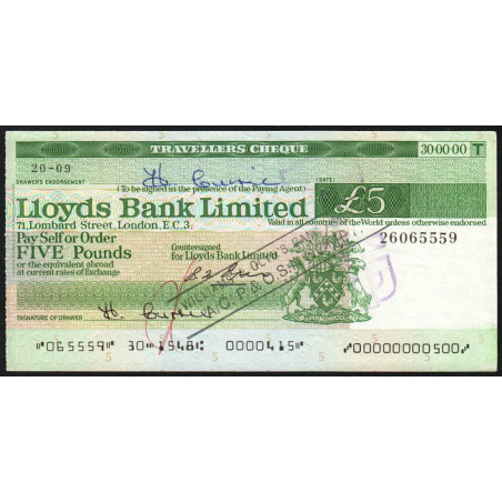 Grande-Bretagne - Chèque Voyage - Lloyds - 5 pounds - 1976 - Etat : SUP