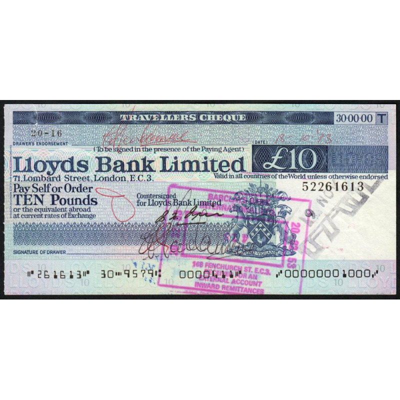 Grande-Bretagne - Chèque Voyage - Lloyds - 10 pounds - 1973 - Etat : TB+