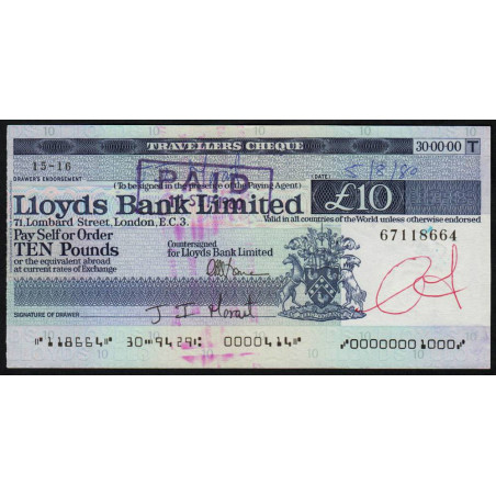 Grande-Bretagne - Chèque Voyage - Lloyds - 10 pounds - 1980 - Etat : SUP+