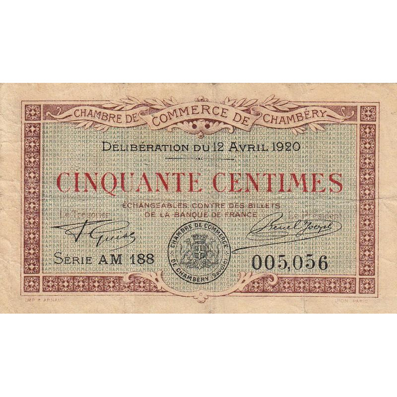 Chambéry - Pirot 44-12 - 50 centimes - Série AM 188 - 12/04/1920 - Etat : TB