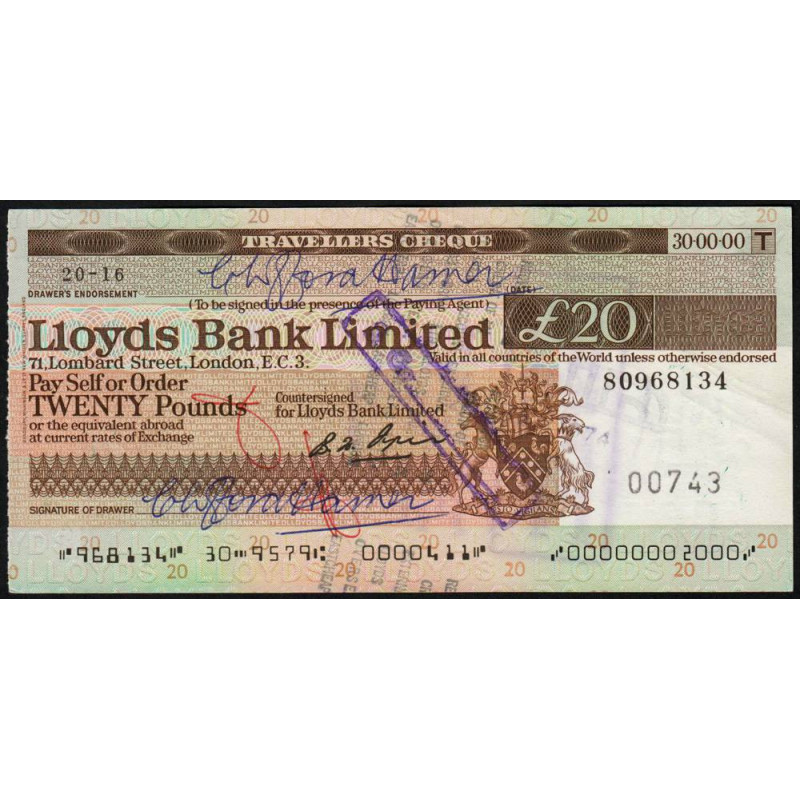 Grande-Bretagne - Chèque Voyage - Lloyds - 20 pounds - 1974 - Etat : SUP