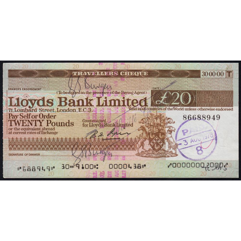 Grande-Bretagne - Chèque Voyage - Lloyds - 20 pounds - 1978 - Etat : SUP