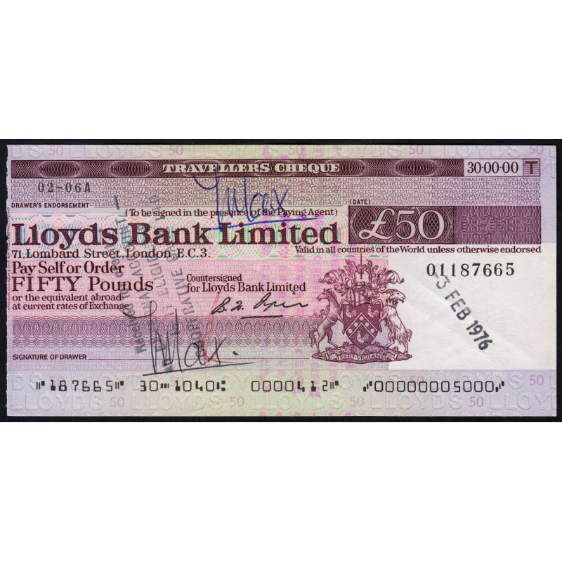 Grande-Bretagne - Chèque Voyage - Lloyds - 50 pounds - 1976 - Etat : SUP