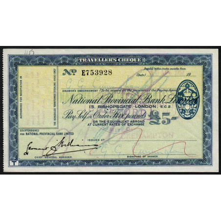 Grande-Bretagne - Chèque Voyage - National Provincial - 5 pounds - 1957 - Etat : SUP