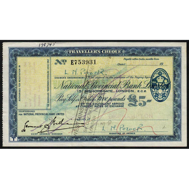 Grande-Bretagne - Chèque Voyage - National Provincial - 5 pounds - 1957 - Etat : SUP