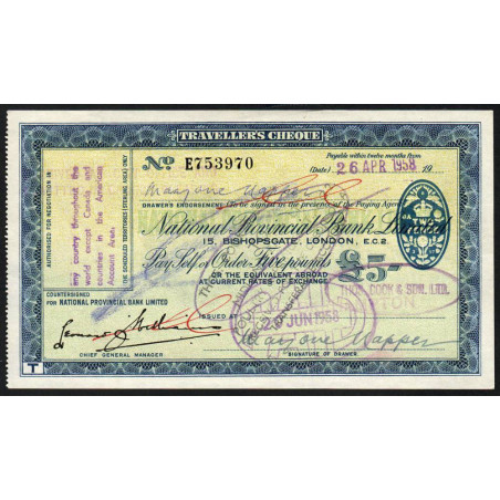 Grande-Bretagne - Chèque Voyage - National Provincial - 5 pounds - 1958 - Etat : SUP