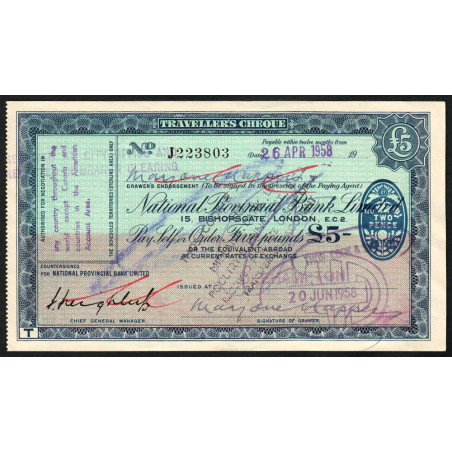 Grande-Bretagne - Chèque Voyage - National Provincial - 5 pounds - 1958 - Etat : SUP