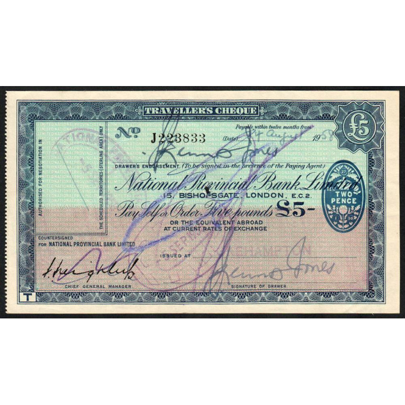 Grande-Bretagne - Chèque Voyage - National Provincial - 5 pounds - 1958 - Etat : TTB-