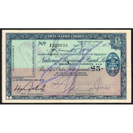 Grande-Bretagne - Chèque Voyage - National Provincial - 5 pounds - 1958 - Etat : TTB-
