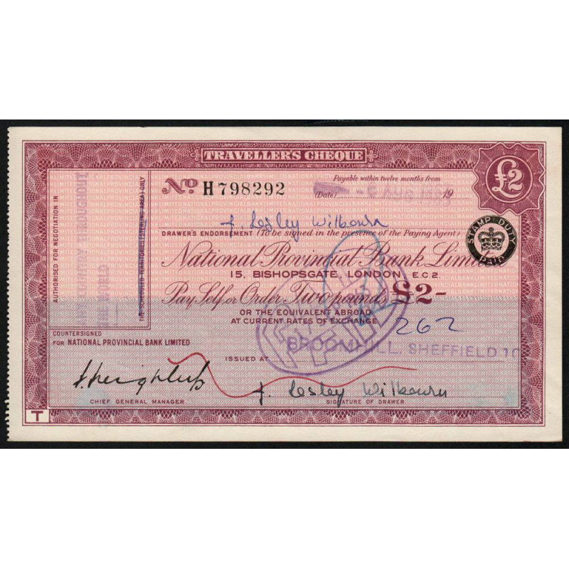 Grande-Bretagne - Chèque Voyage - National Provincial - 2 pounds - 1963 - Etat : SUP+