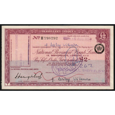 Grande-Bretagne - Chèque Voyage - National Provincial - 2 pounds - 1963 - Etat : SUP+