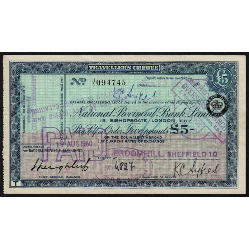 Grande-Bretagne - Chèque Voyage - National Provincial - 5 pounds - 1960 - Etat : SUP