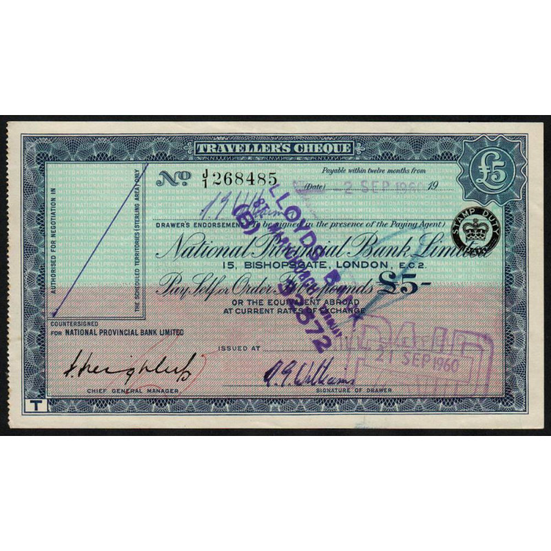 Grande-Bretagne - Chèque Voyage - National Provincial - 5 pounds - 1960 - Etat : SUP