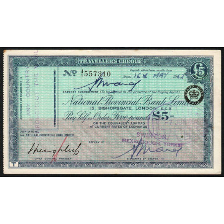 Grande-Bretagne - Chèque Voyage - National Provincial - 5 pounds - 1962 - Etat : TTB